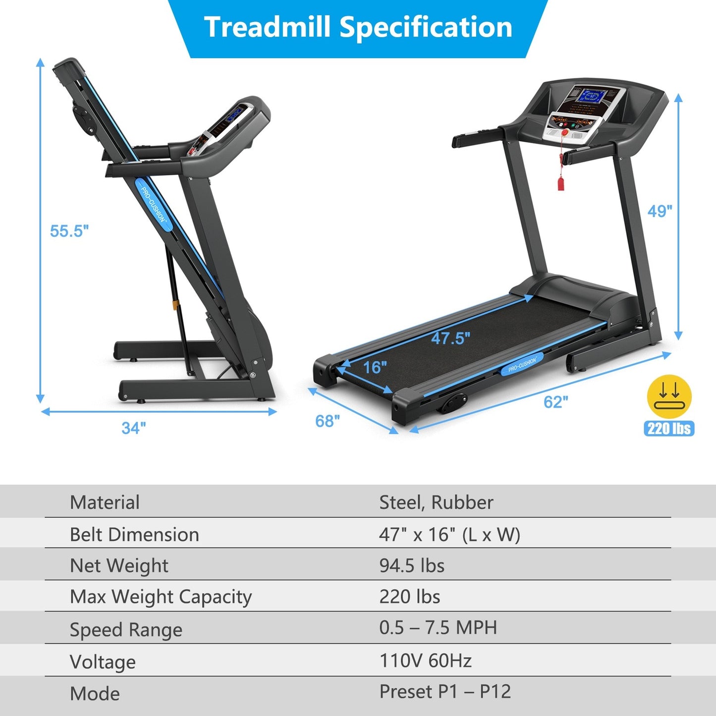 2.25HP Foldable Electric Treadmill with Large LCD Display