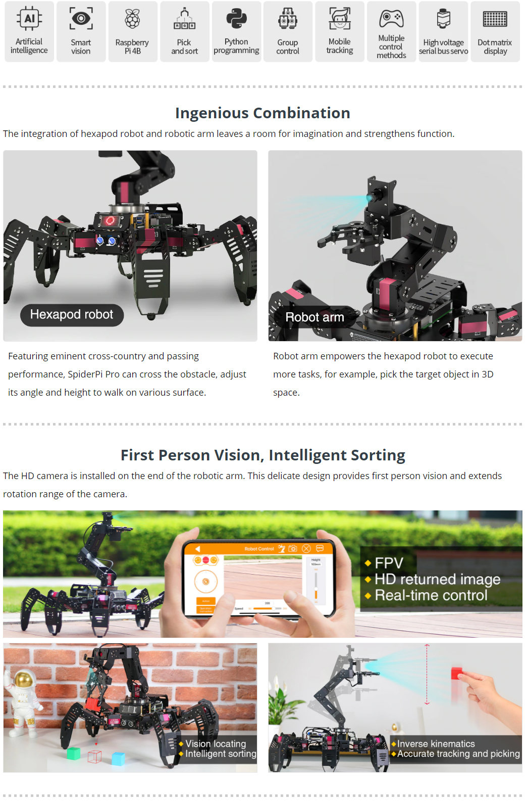 Hiwonder - SpiderPI Pro - Robot with robotic arm (AI Vision and HD Camera)