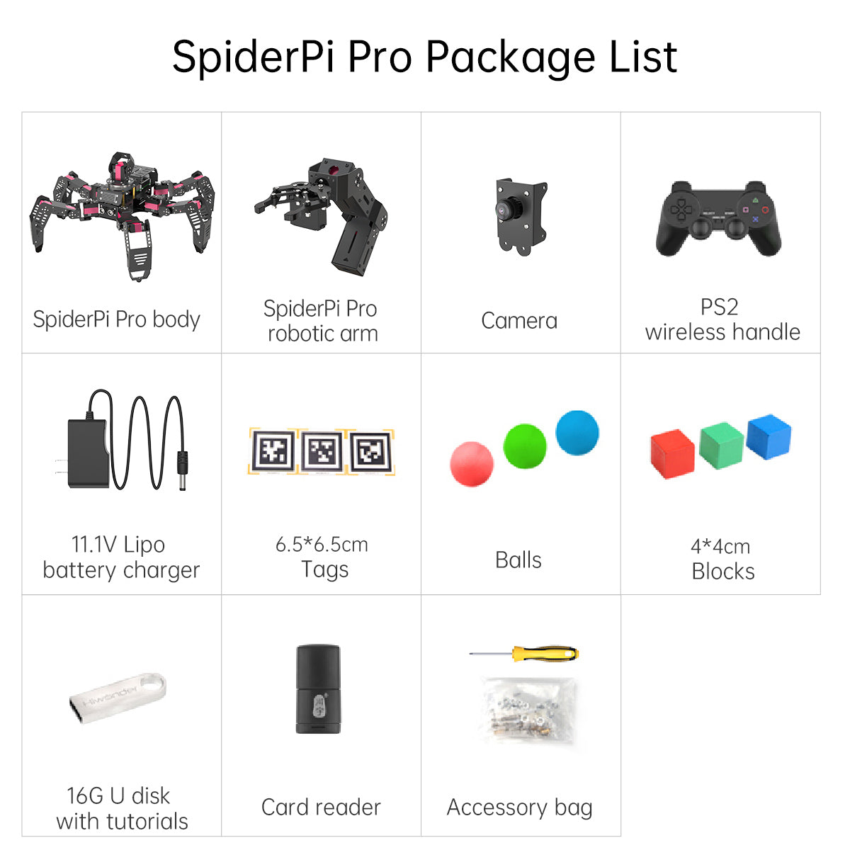 Hiwonder - SpiderPI Pro - Robot with robotic arm (AI Vision and HD Camera)