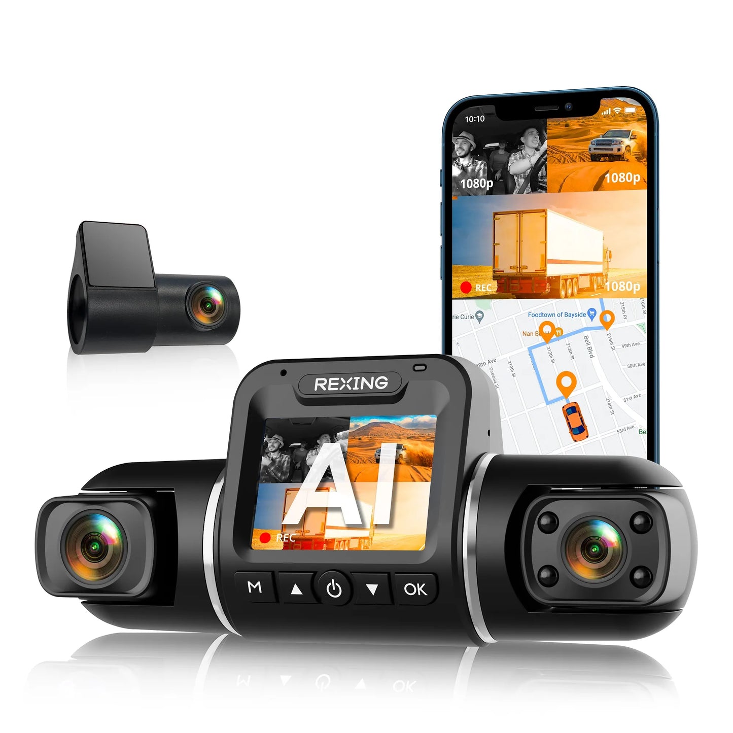 Rexing V2 Pro - AI 1080P 3 Channel (front/cabinet/rear) Dash Camera with Safety driving features, WiFi and GPS