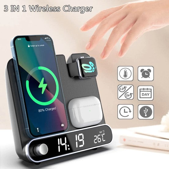 TGA-XIN20 - Wireless Charging Station with Clock/Alarm, and Temperature display