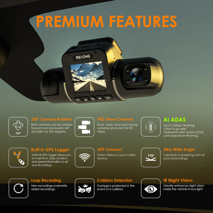 Rexing V2 Pro - AI 1080P 3 Channel (front/cabinet/rear) Dash Camera with Safety driving features, WiFi and GPS