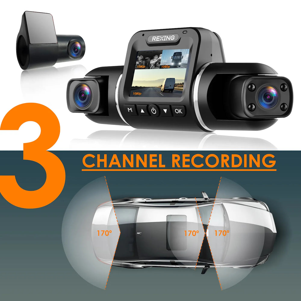 Rexing V2 Pro - AI 1080P 3 Channel (front/cabinet/rear) Dash Camera with Safety driving features, WiFi and GPS