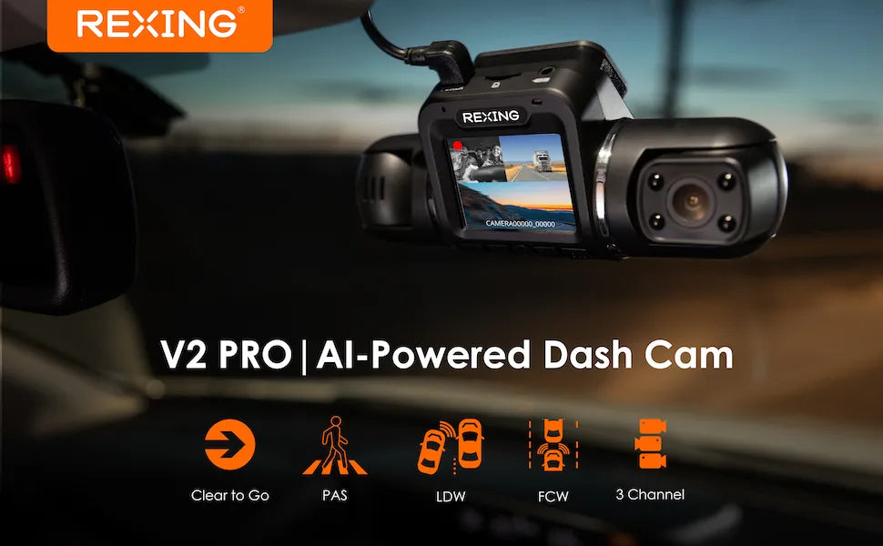 Rexing V2 Pro - AI 1080P 3 Channel (front/cabinet/rear) Dash Camera with Safety driving features, WiFi and GPS